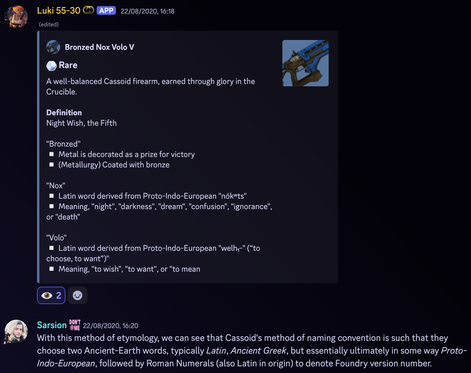 After clicking the eye reaction emoji, the Discord embed has been replaced with details defining the etymology of the latin words Nox Volo. The definition breaks down Nox Volo to mean Night Wish.