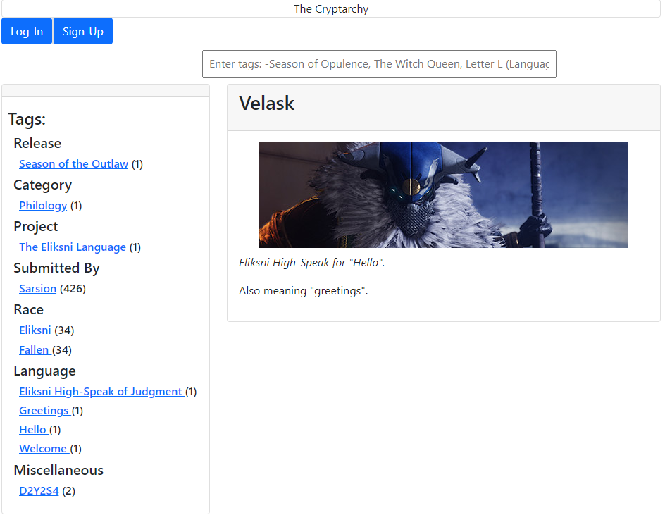 A language entry for the Eliksni word "Velask", meaning "Hello". On the left are a series of tags that can be used to granularly determine the details of the word.