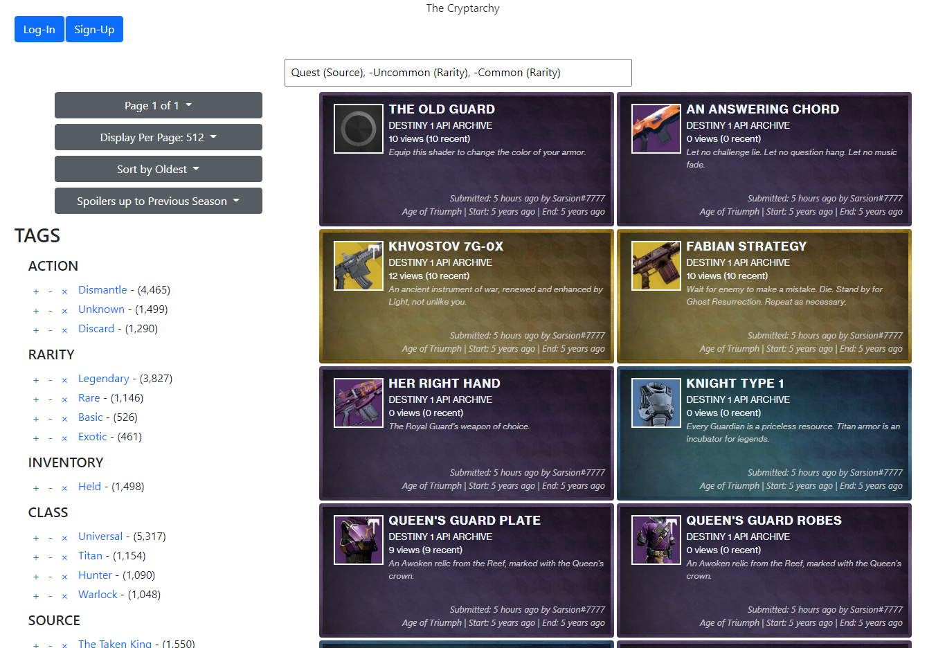 The earliest version of the Cryptarchy website, utilising Bootstrap. On the left are a series of facet filters and tags that alter the Destiny 1 inventory items on the right. Each inventory item has a custom background themed to suit the Grimoire rarity.