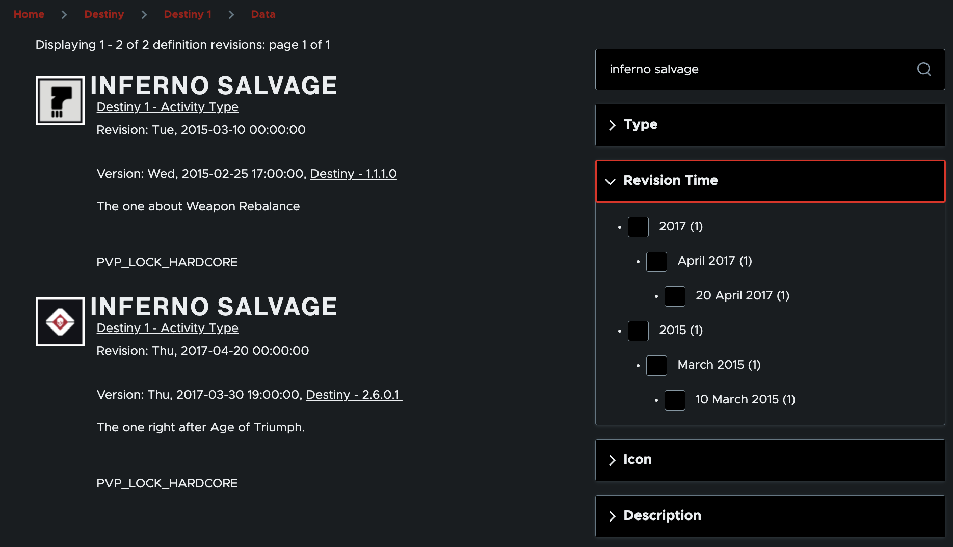 A screenshot of the Destiny 1 Data Archive, with a search term for "inferno salvage" to showcase differences in two different appearances over the years.