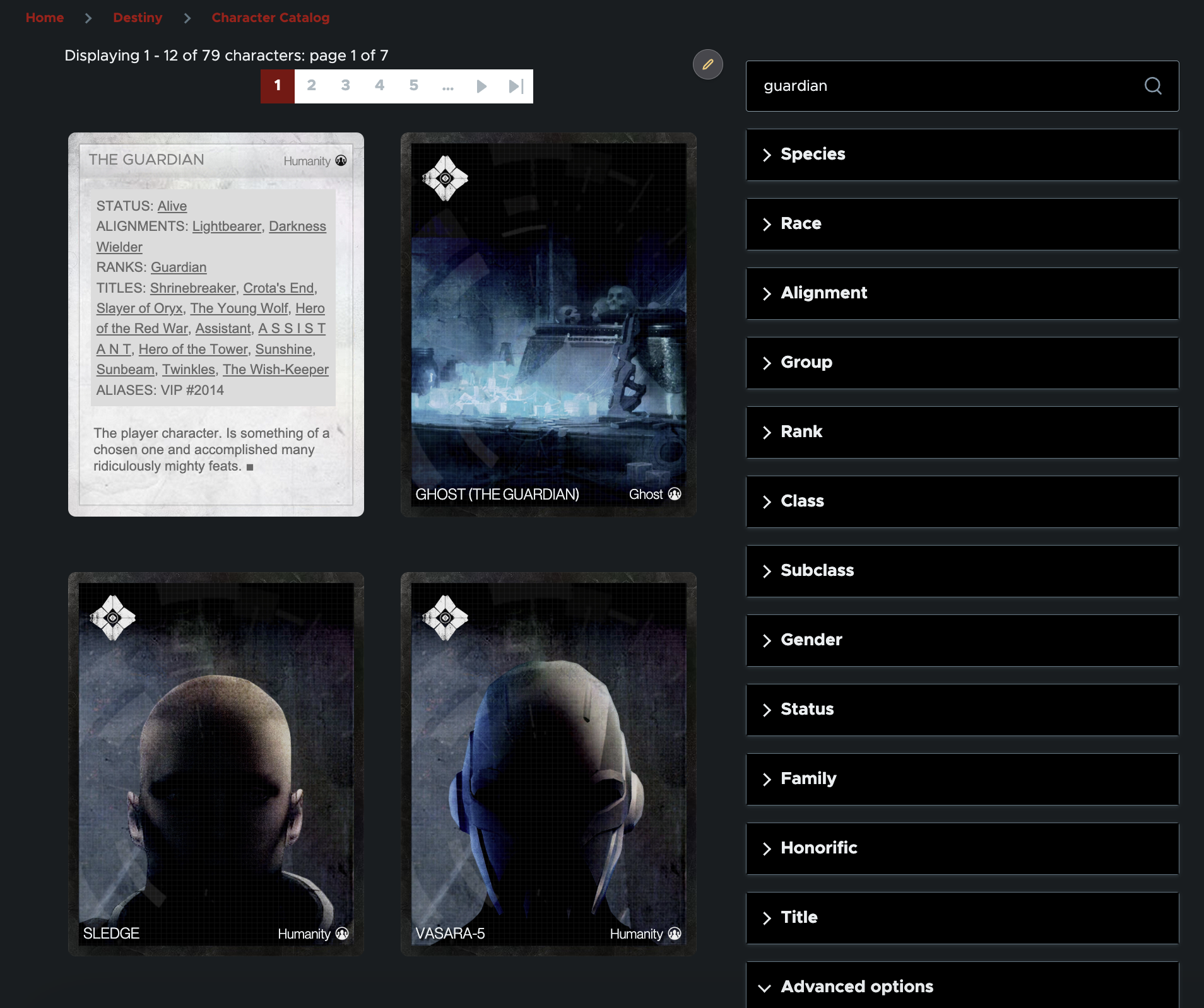 A Destiny Character search for "guardian", showcasing the character cards formatted like Grimoire.