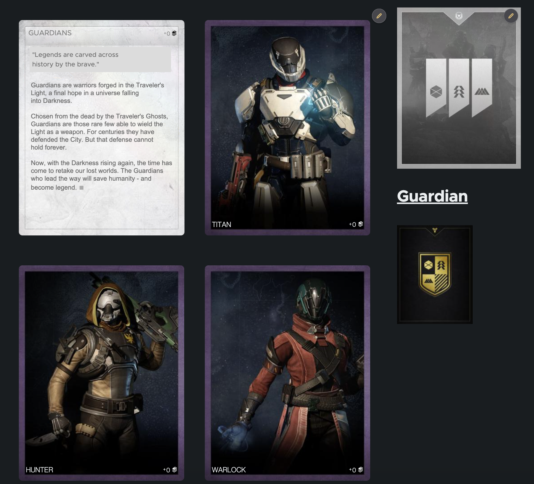 Destiny 1 Grimoire cards, with the ability to hover over and flip them to show the details on the back of each card.