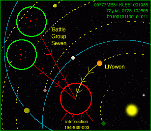 Map of Lh'owon's star system during the arrival of the Pfhor's Battle Group Seven.